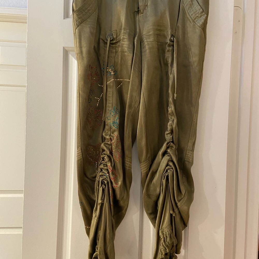 Olive Green Ruched Pants with Colorful Accents